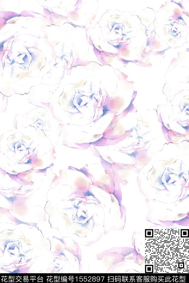 水彩清爽大花数码印花华亿平台下载（图片编号: 1552897） - 瓦栏（Walan）