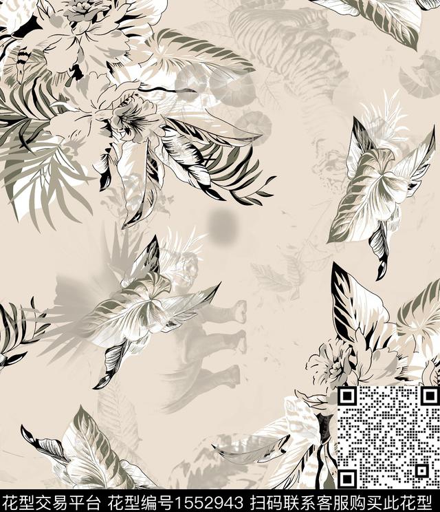 花卉热带叶子大象数码印花华亿平台下载（图片编号: 1552943） - 瓦栏（Walan）