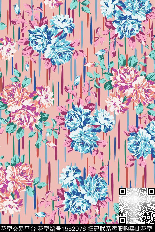 花卉笔触条纹数码印花华亿平台下载（图片编号: 1552976） - 瓦栏（Walan）