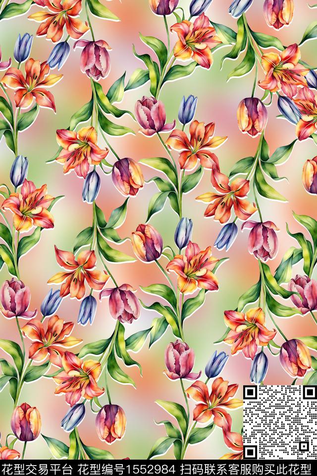 剪影底纹花卉数码印花华亿平台下载（图片编号: 1552984） - 瓦栏（Walan）
