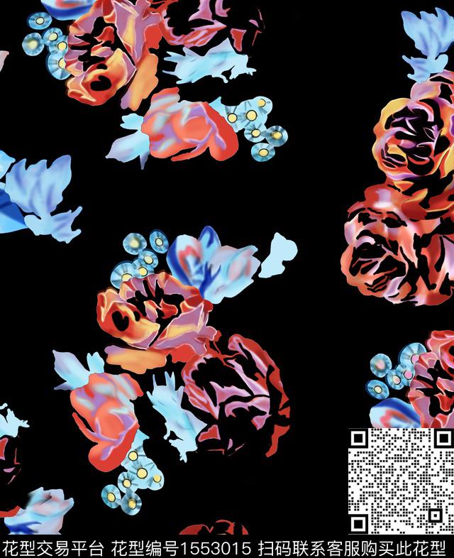 抽象花卉黑底花卉数码印花华亿平台下载（图片编号: 1553015） - 瓦栏（Walan）