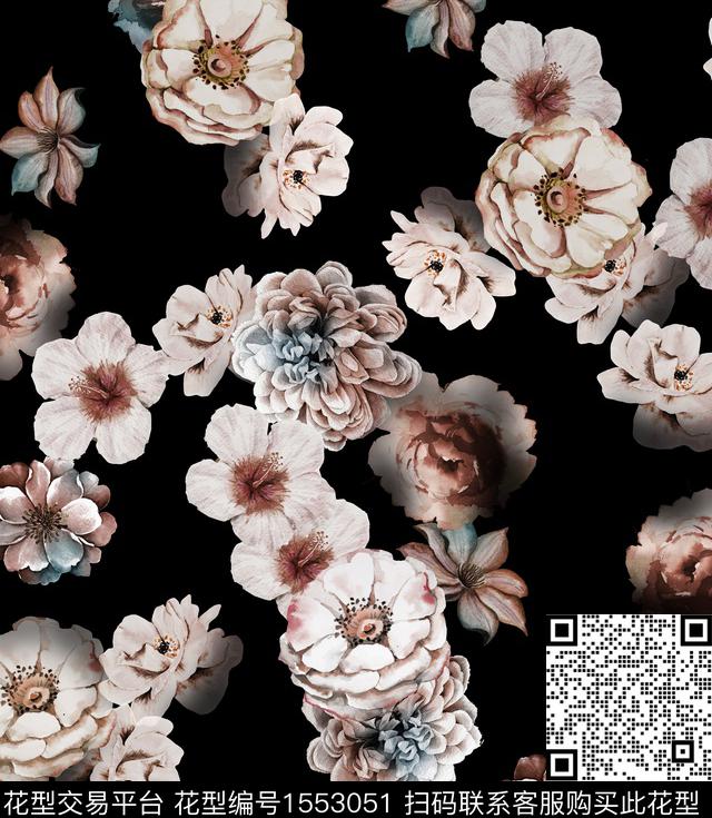 水彩花卉黑底花卉数码印花华亿平台下载（图片编号: 1553051） - 瓦栏（Walan）