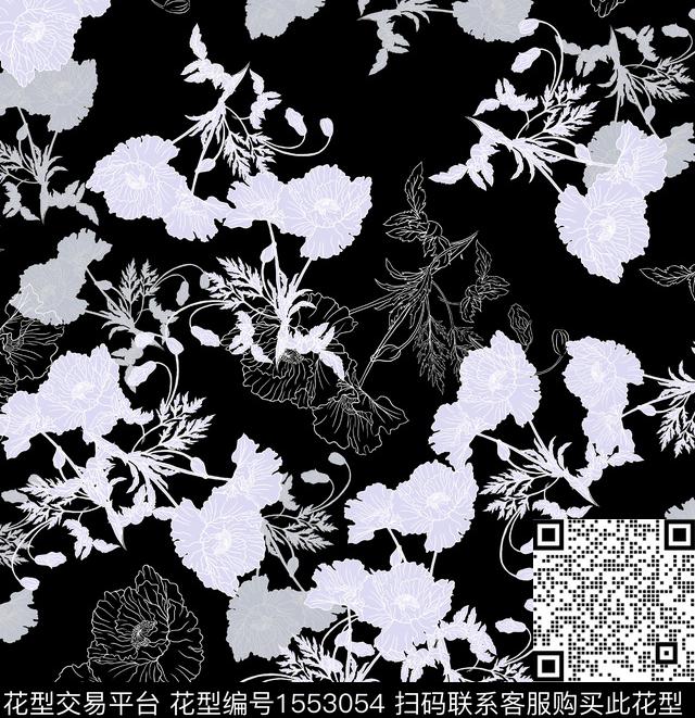 线条花卉黑底花卉花卉数码印花华亿平台下载（图片编号: 1553054） - 瓦栏（Walan）