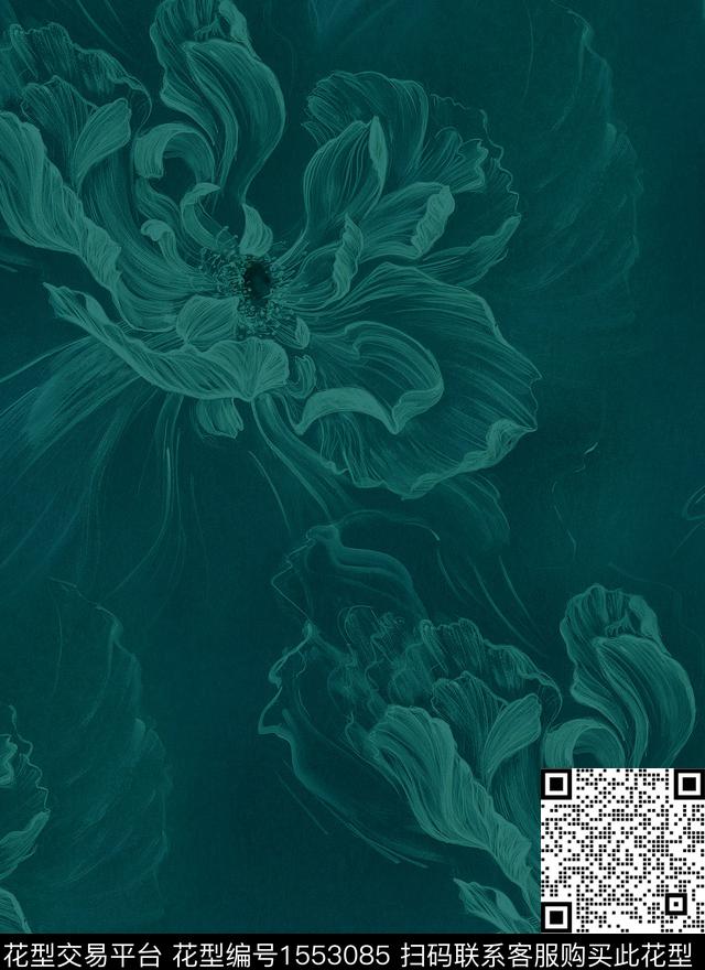 线条花卉香云纱牡丹数码印花华亿平台下载（图片编号: 1553085） - 瓦栏（Walan）