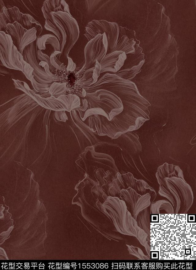 线条花卉香云纱牡丹数码印花华亿平台下载（图片编号: 1553086） - 瓦栏（Walan）