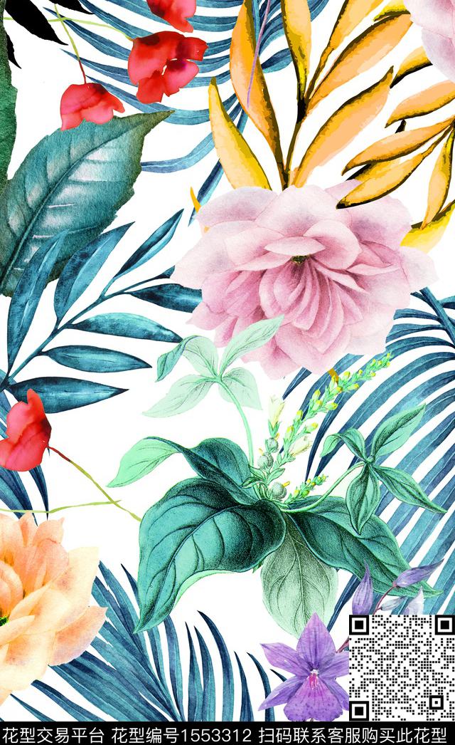 水彩花卉白底花数码印花华亿平台下载（图片编号: 1553312） - 瓦栏（Walan）