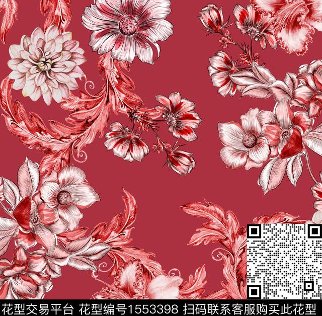 水彩花卉大红底数码印花华亿平台下载（图片编号: 1553398） - 瓦栏（Walan）