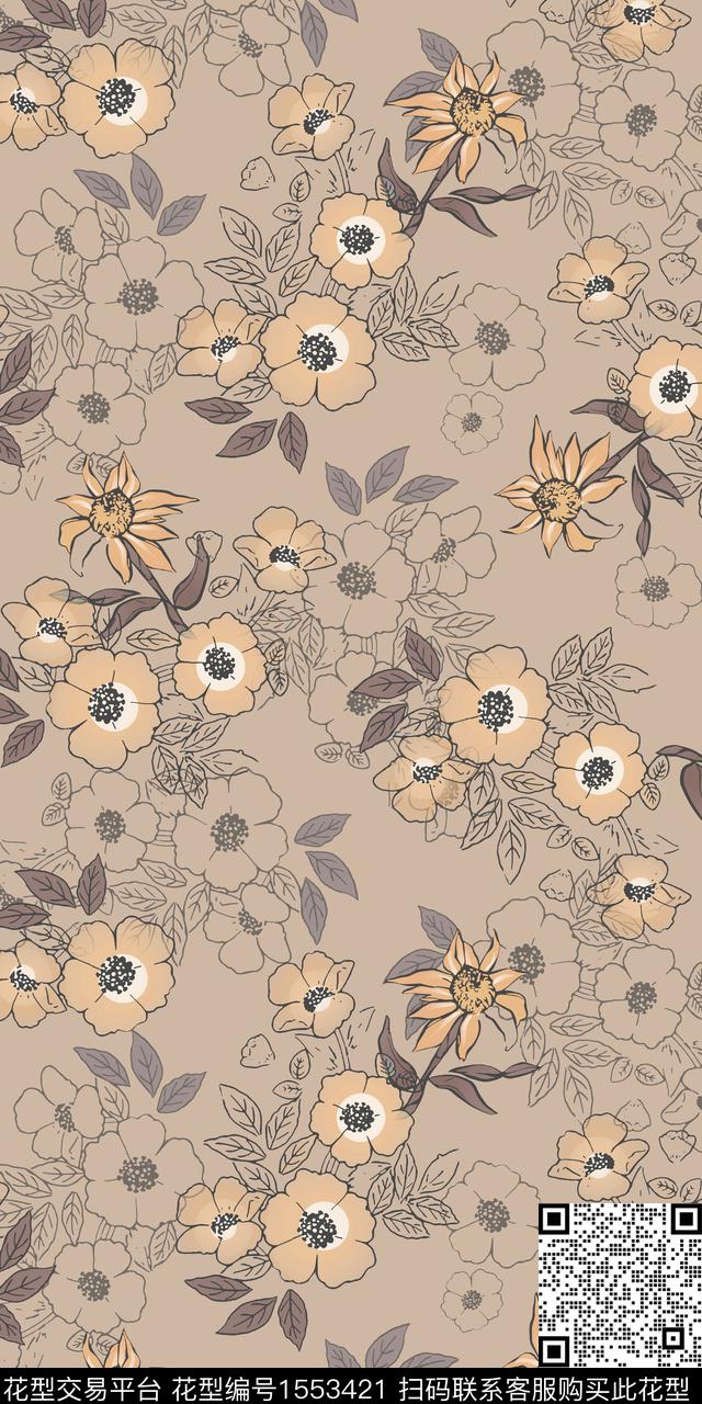 花卉满版散花平面花卉数码印花华亿平台下载（图片编号: 1553421） - 瓦栏（Walan）