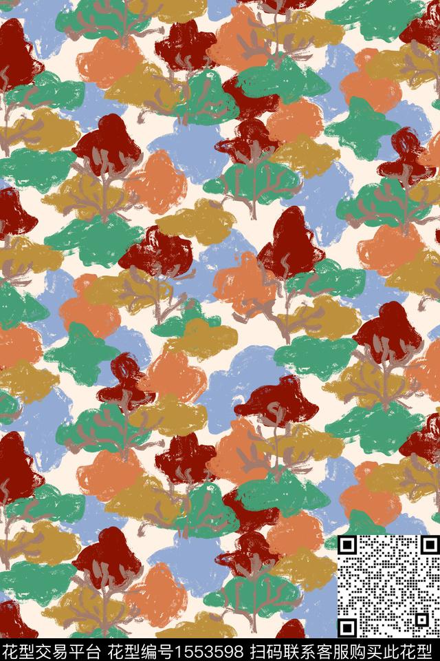 笔触绿植树叶复古数码印花华亿平台下载（图片编号: 1553598） - 瓦栏（Walan）