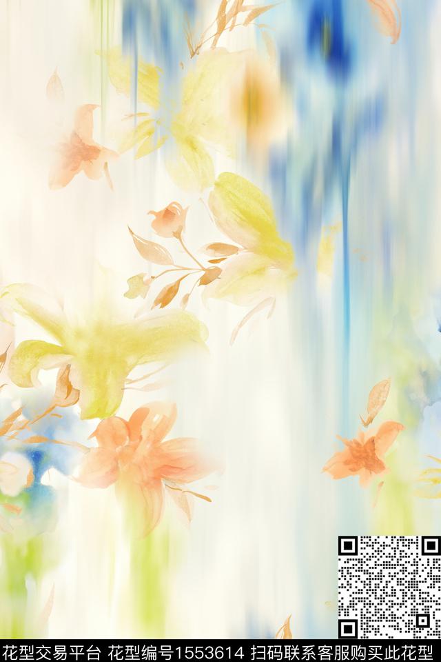 水彩抽象花卉数码印花华亿平台下载（图片编号: 1553614） - 瓦栏（Walan）