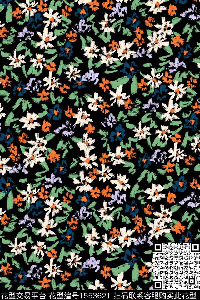 黑底花卉花卉小碎花数码印花华亿平台下载（图片编号: 1553621） - 瓦栏（Walan）