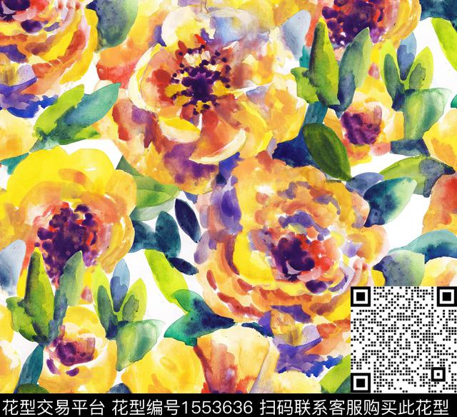 水彩花卉满版散花数码印花华亿平台下载（图片编号: 1553636） - 瓦栏（Walan）