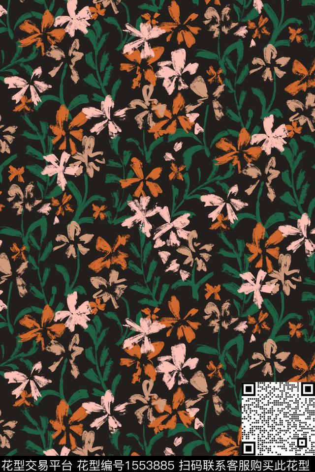 笔触小碎花黑底花卉数码印花华亿平台下载（图片编号: 1553885） - 瓦栏（Walan）
