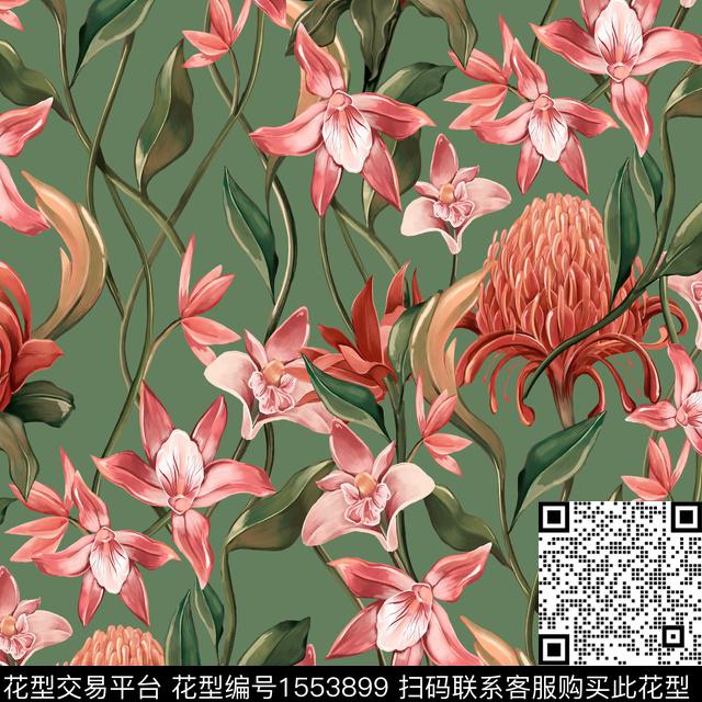 手绘花卉帝王花2024绿色系数码印花华亿平台下载（图片编号: 1553899） - 瓦栏（Walan）