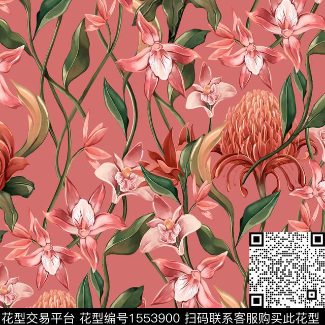 手绘花卉帝王花2024绿色系数码印花华亿平台下载（图片编号: 1553900） - 瓦栏（Walan）