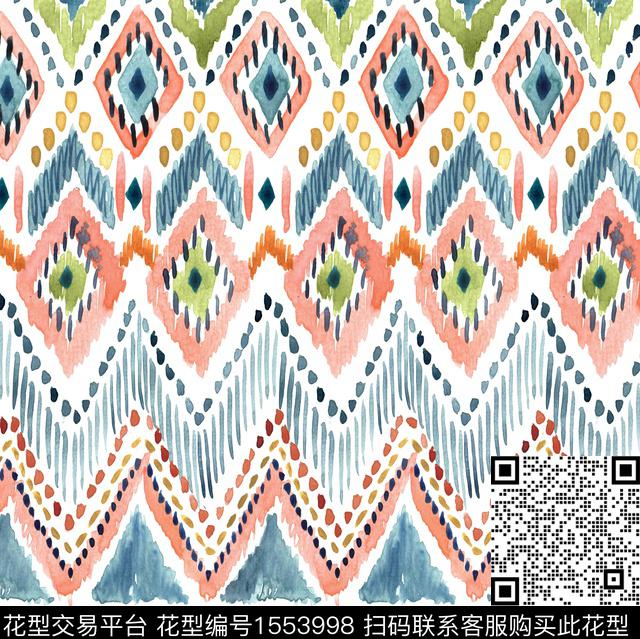 波浪纹水彩民族纹样数码印花华亿平台下载（图片编号: 1553998） - 瓦栏（Walan）