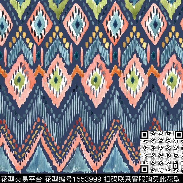波浪纹水彩民族纹样数码印花华亿平台下载（图片编号: 1553999） - 瓦栏（Walan）