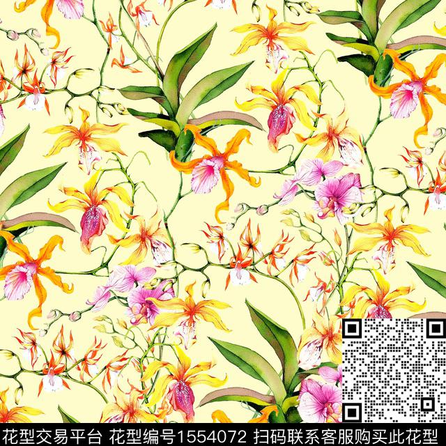 蝴蝶兰复古绿色系数码印花华亿平台下载（图片编号: 1554072） - 瓦栏（Walan）