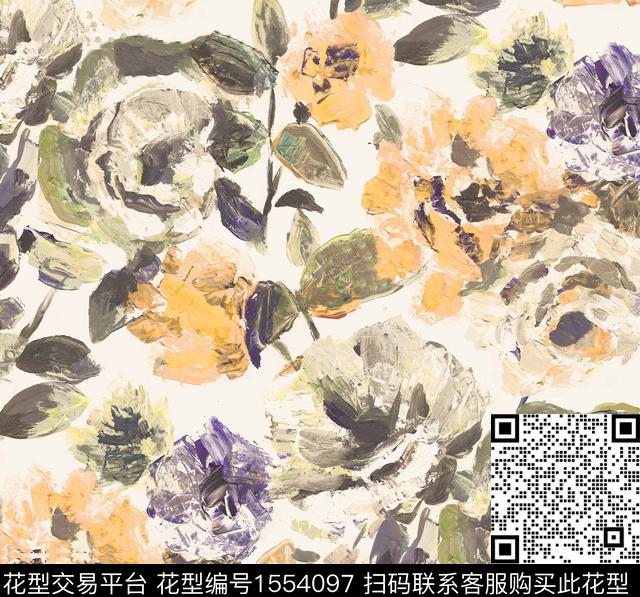 花卉油画手绘数码印花华亿平台下载（图片编号: 1554097） - 瓦栏（Walan）