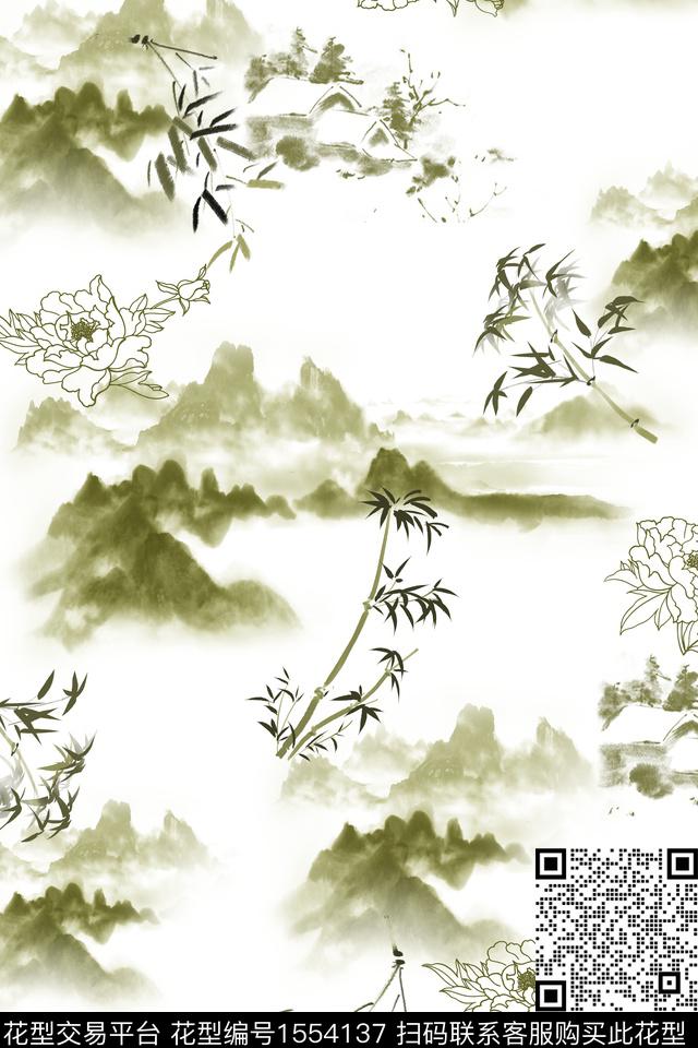 竹子中国风水墨风数码印花华亿平台下载（图片编号: 1554137） - 瓦栏（Walan）