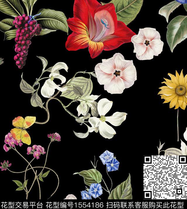复古花卉黑底花卉数码印花华亿平台下载（图片编号: 1554186） - 瓦栏（Walan）