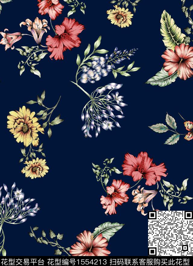 复古花卉老蓝底数码印花华亿平台下载（图片编号: 1554213） - 瓦栏（Walan）