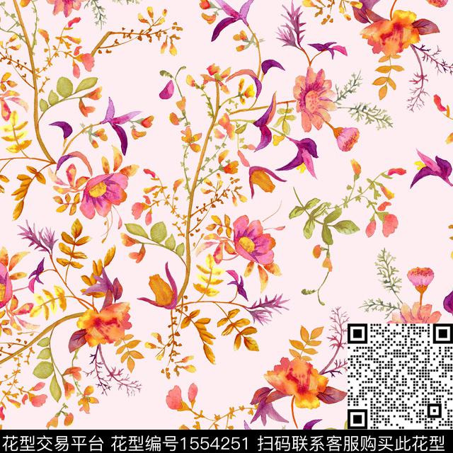 小碎花水彩花卉粉红色系数码印花华亿平台下载（图片编号: 1554251） - 瓦栏（Walan）