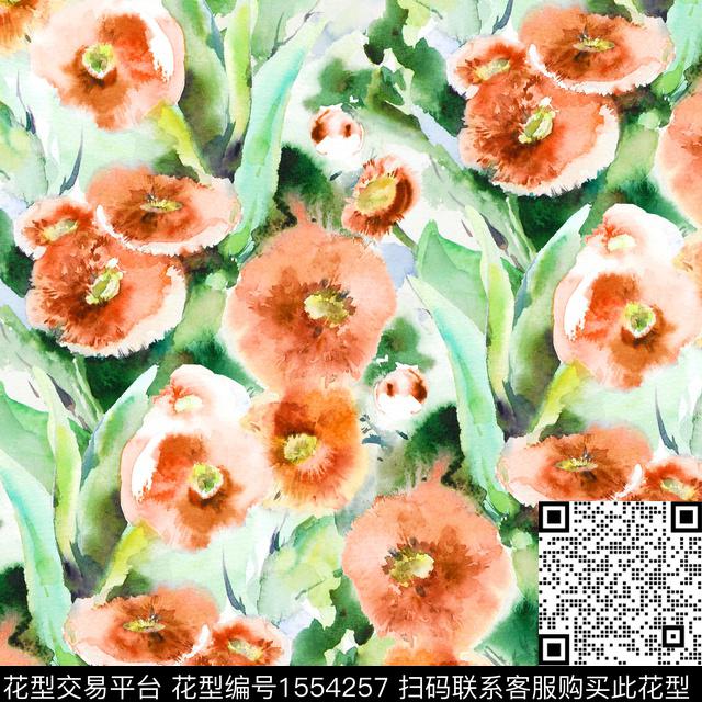水彩花卉绿色系2024春夏数码印花华亿平台下载（图片编号: 1554257） - 瓦栏（Walan）