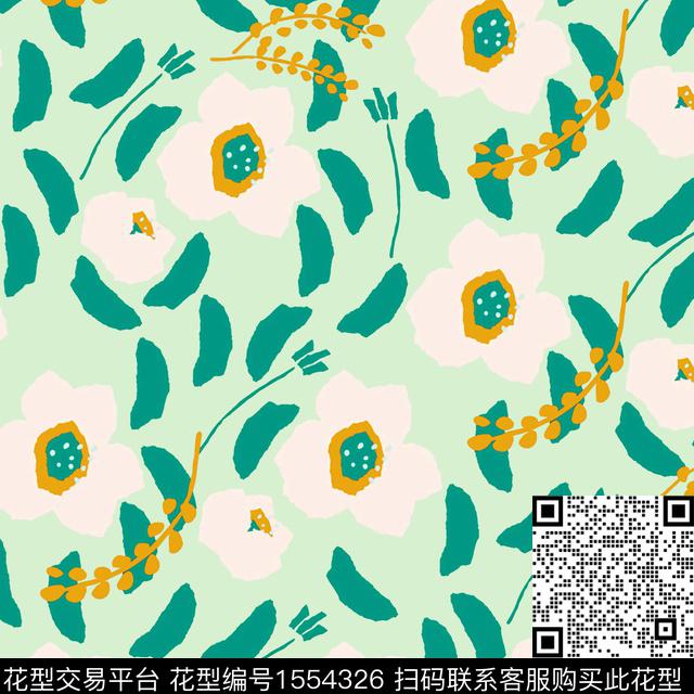 小清新绿色系手绘花卉传统印花华亿平台下载（图片编号: 1554326） - 瓦栏（Walan）