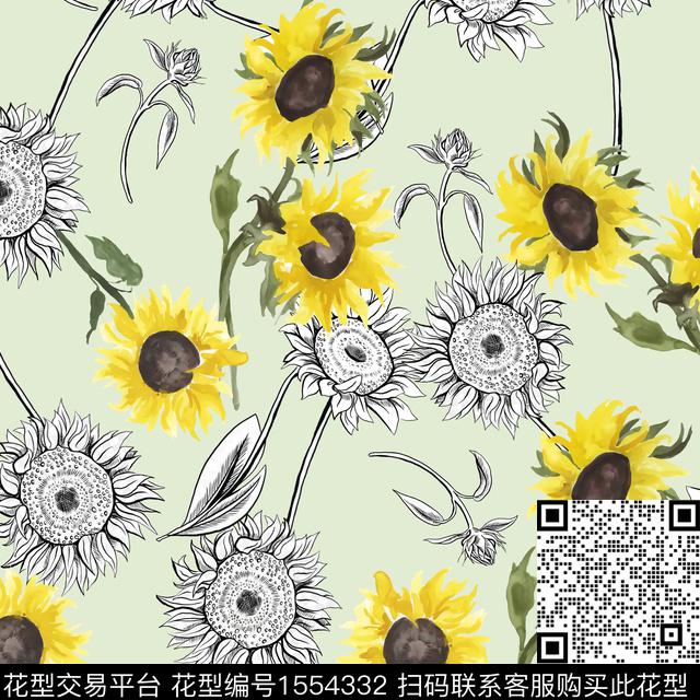 小清新葵花2024春夏数码印花华亿平台下载（图片编号: 1554332） - 瓦栏（Walan）
