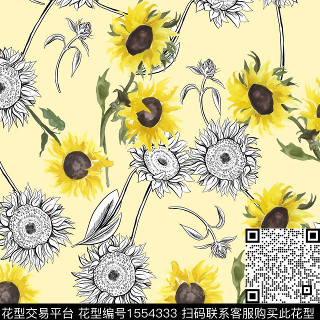 小清新葵花2024春夏数码印花华亿平台下载（图片编号: 1554333） - 瓦栏（Walan）