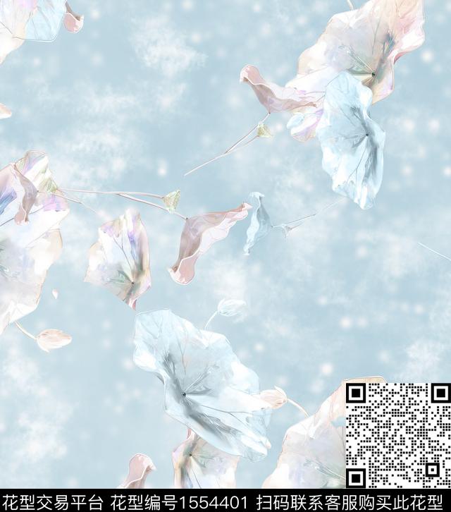 水彩荷叶莲蓬数码印花华亿平台下载（图片编号: 1554401） - 瓦栏（Walan）