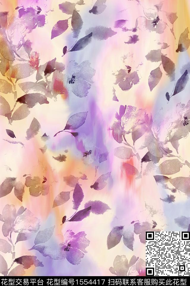 底纹水彩花卉数码印花华亿平台下载（图片编号: 1554417） - 瓦栏（Walan）