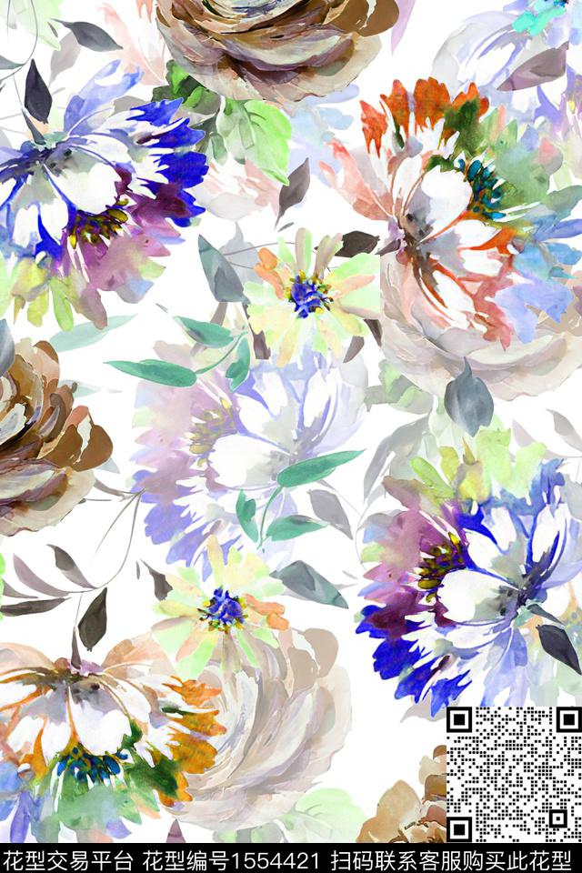 水彩花卉影花数码印花华亿平台下载（图片编号: 1554421） - 瓦栏（Walan）