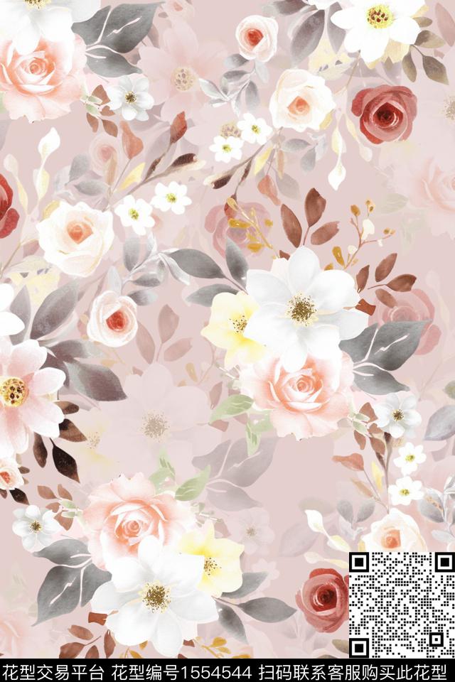 满版散花影花花卉数码印花华亿平台下载（图片编号: 1554544） - 瓦栏（Walan）