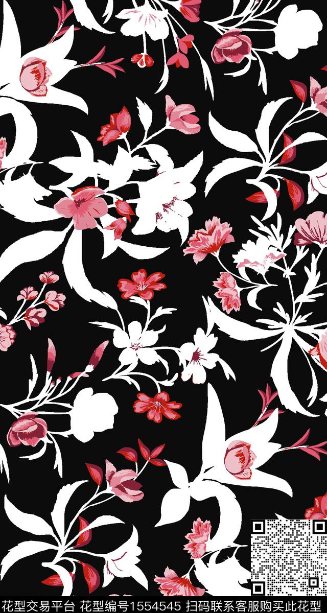 剪影黑底花卉花卉数码印花华亿平台下载（图片编号: 1554545） - 瓦栏（Walan）