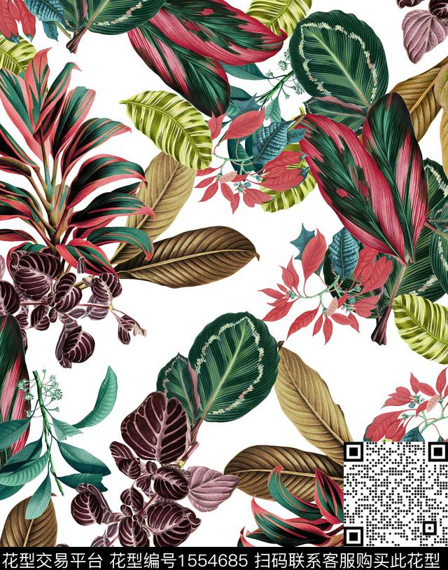 复古叶子白底花数码印花华亿平台下载（图片编号: 1554685） - 瓦栏（Walan）