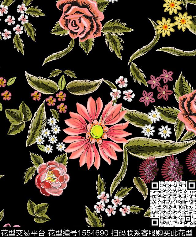 花卉羊毛衫黑底花卉传统印花华亿平台下载（图片编号: 1554690） - 瓦栏（Walan）