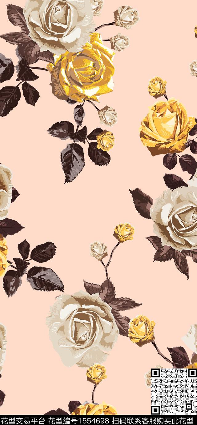 花卉玫瑰花古粉底传统印花华亿平台下载（图片编号: 1554698） - 瓦栏（Walan）