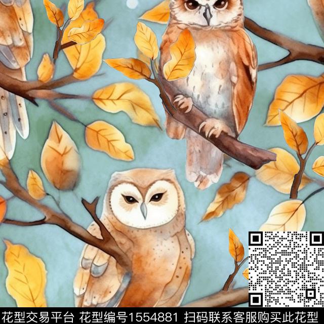 猫头鹰树枝叶子传统印花华亿平台下载（图片编号: 1554881） - 瓦栏（Walan）