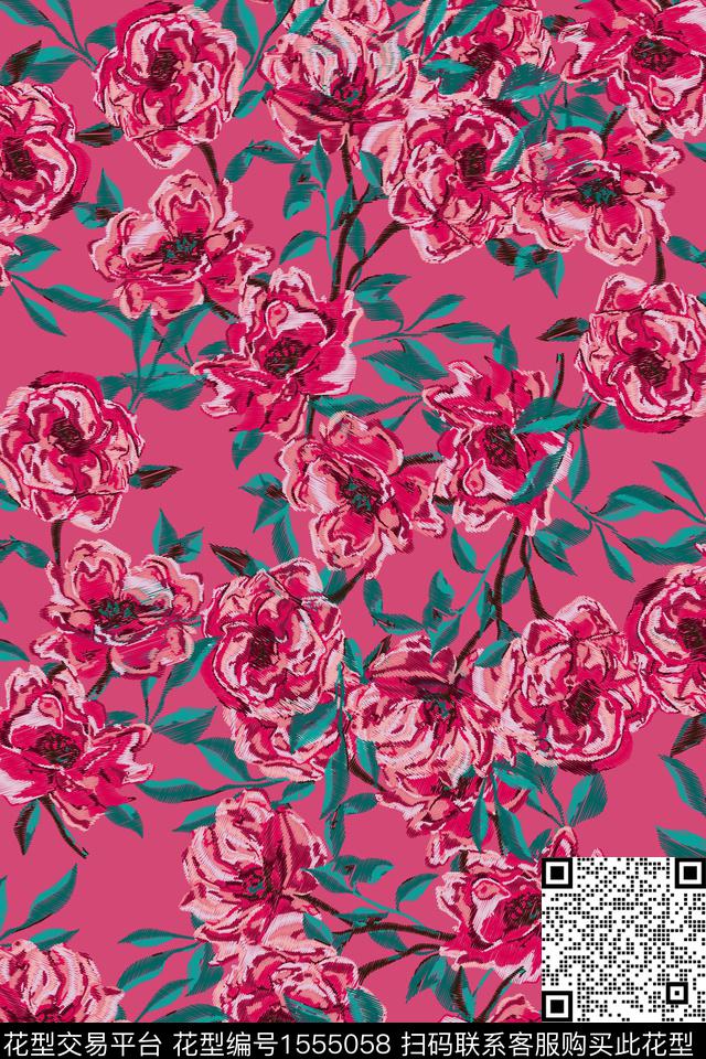 花卉满版散花仿绣花数码印花华亿平台下载（图片编号: 1555058） - 瓦栏（Walan）
