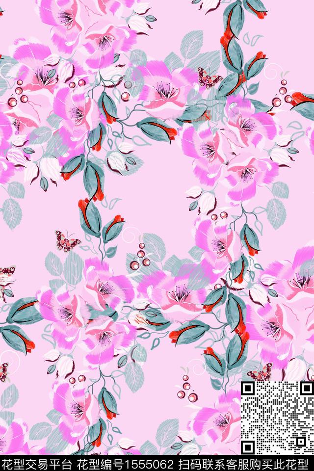 花卉仿绣花蝴蝶数码印花华亿平台下载（图片编号: 1555062） - 瓦栏（Walan）