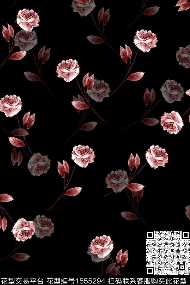 黑底花卉花卉影花数码印花华亿平台下载（图片编号: 1555294） - 瓦栏（Walan）