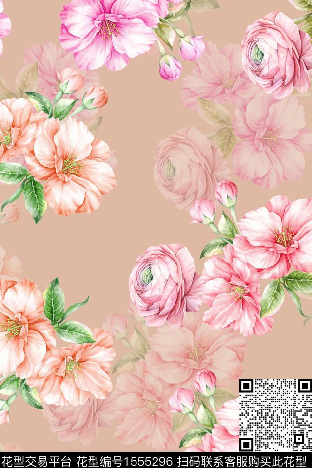 影花水彩花卉数码印花华亿平台下载（图片编号: 1555296） - 瓦栏（Walan）