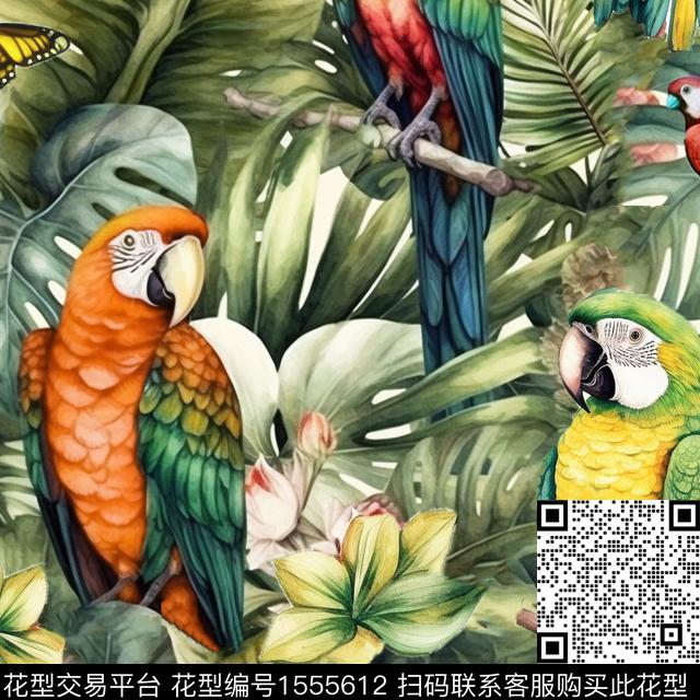 鸟热带蝴蝶数码印花华亿平台下载（图片编号: 1555612） - 瓦栏（Walan）