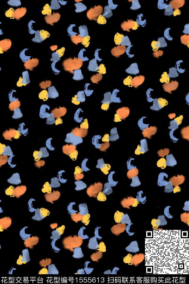 黑底花卉水彩波点数码印花华亿平台下载（图片编号: 1555613） - 瓦栏（Walan）