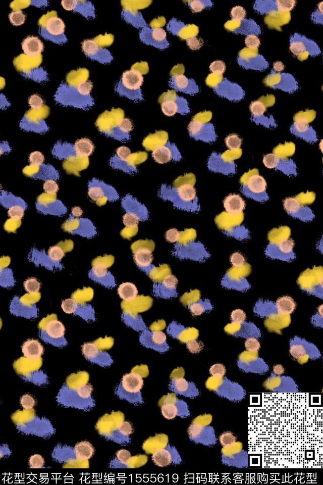 黑底花卉水彩波点数码印花华亿平台下载（图片编号: 1555619） - 瓦栏（Walan）