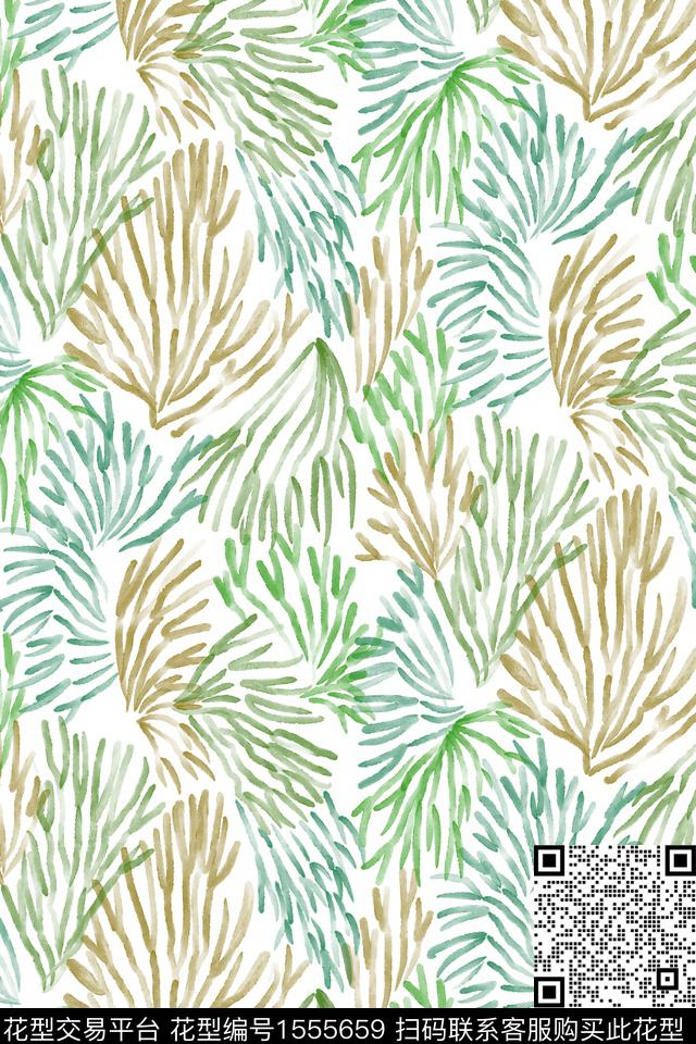 线条笔触绿植树叶数码印花华亿平台下载（图片编号: 1555659） - 瓦栏（Walan）