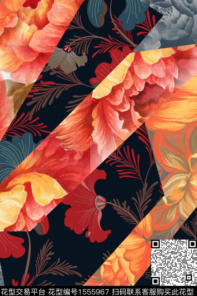 大花花卉混合拼接数码印花华亿平台下载（图片编号: 1555967） - 瓦栏（Walan）