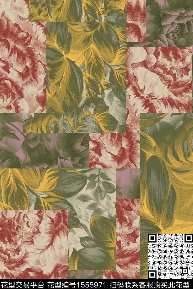大花花卉混合拼接数码印花华亿平台下载（图片编号: 1555971） - 瓦栏（Walan）